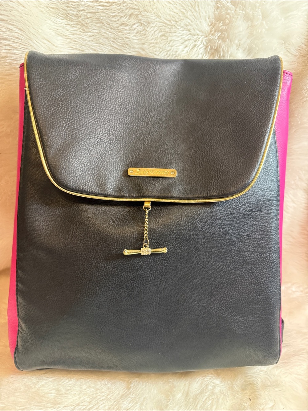 Juicy Couture Black Pink Backpack Gold Trim Adjustable Straps Large EUC